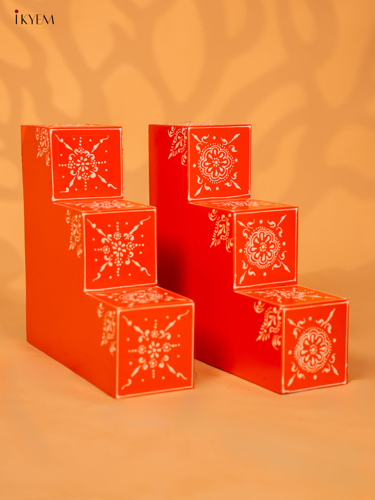 WOODEN HANDPAINTED 3-STEP DIYA PADI (set of 2) - ORANGE - KD18174