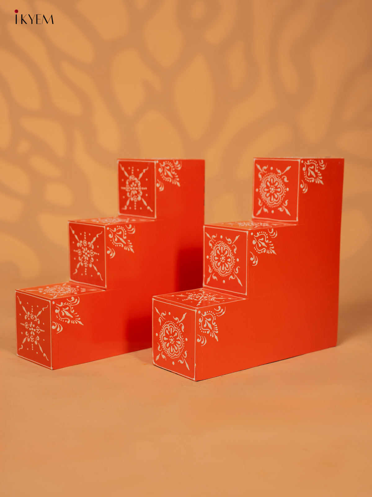 WOODEN HANDPAINTED 3-STEP DIYA PADI (set of 2) - ORANGE - KD18174