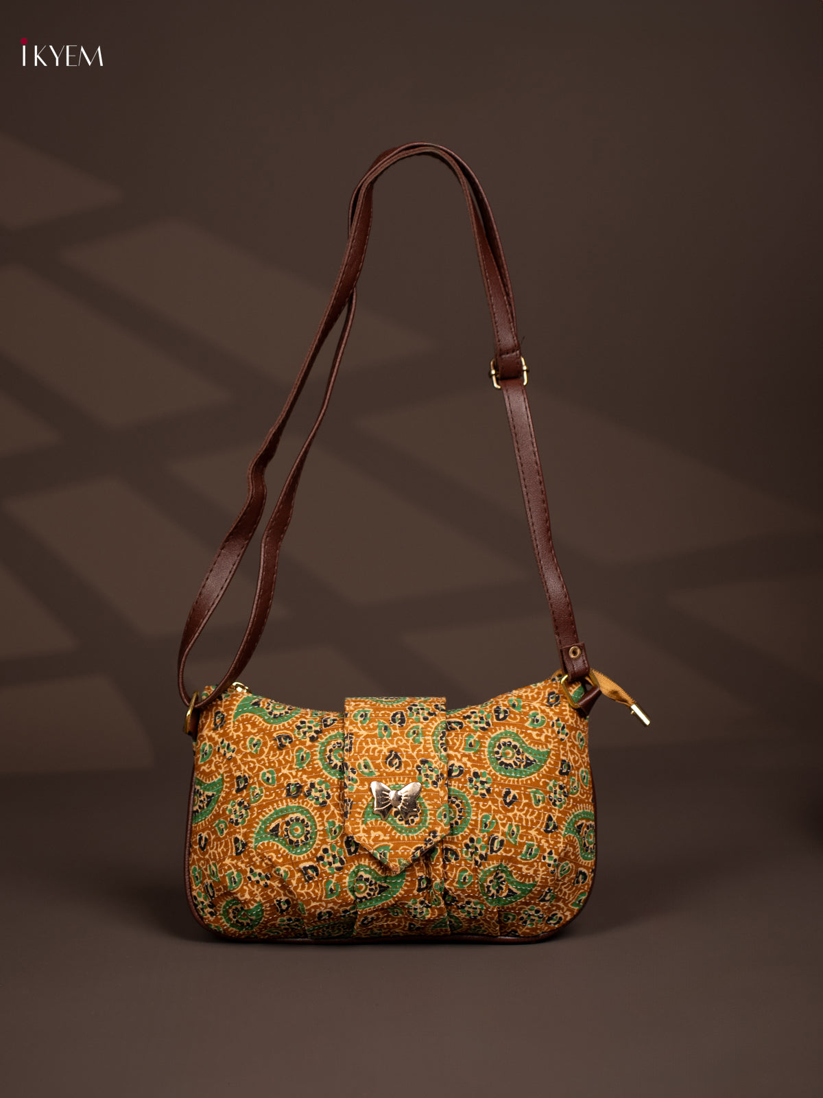 Pasiley Cotton Leather Sling Bag with 2 Compartments - Mustard - KD26770