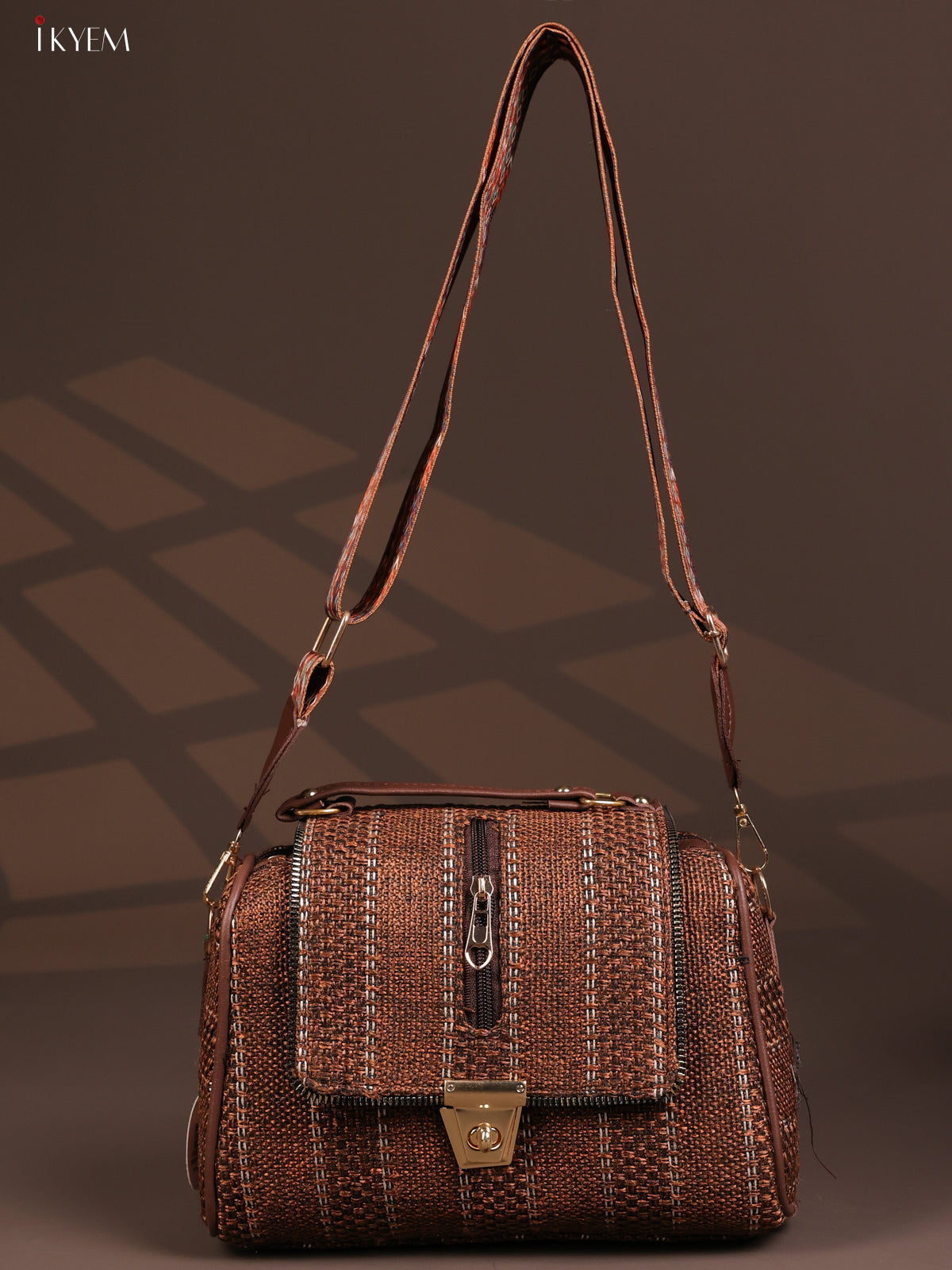 Jacquard Gusset & Flap Printed Sling bag with 4 Compartments - Coffee Brown - KD26847