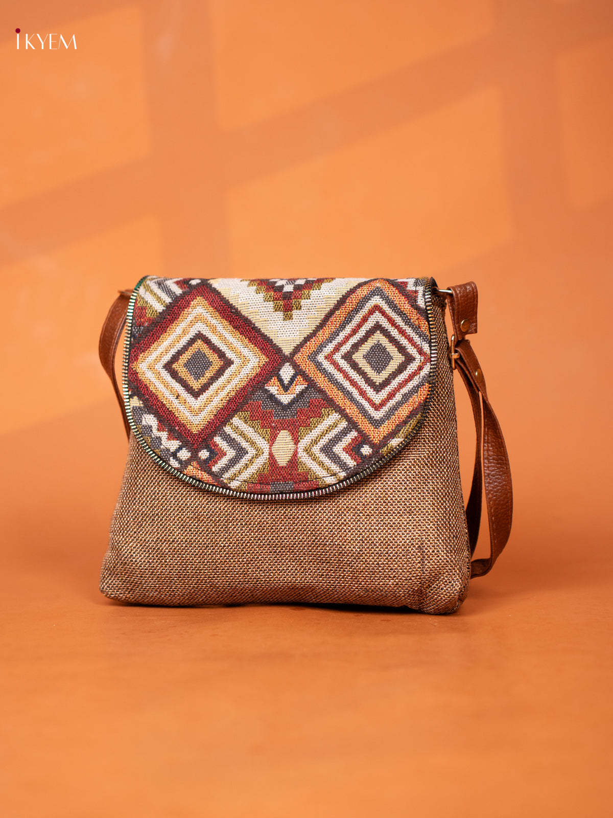 jacquard Leather Sling bag with Printed Flap - Sandal - KD26923