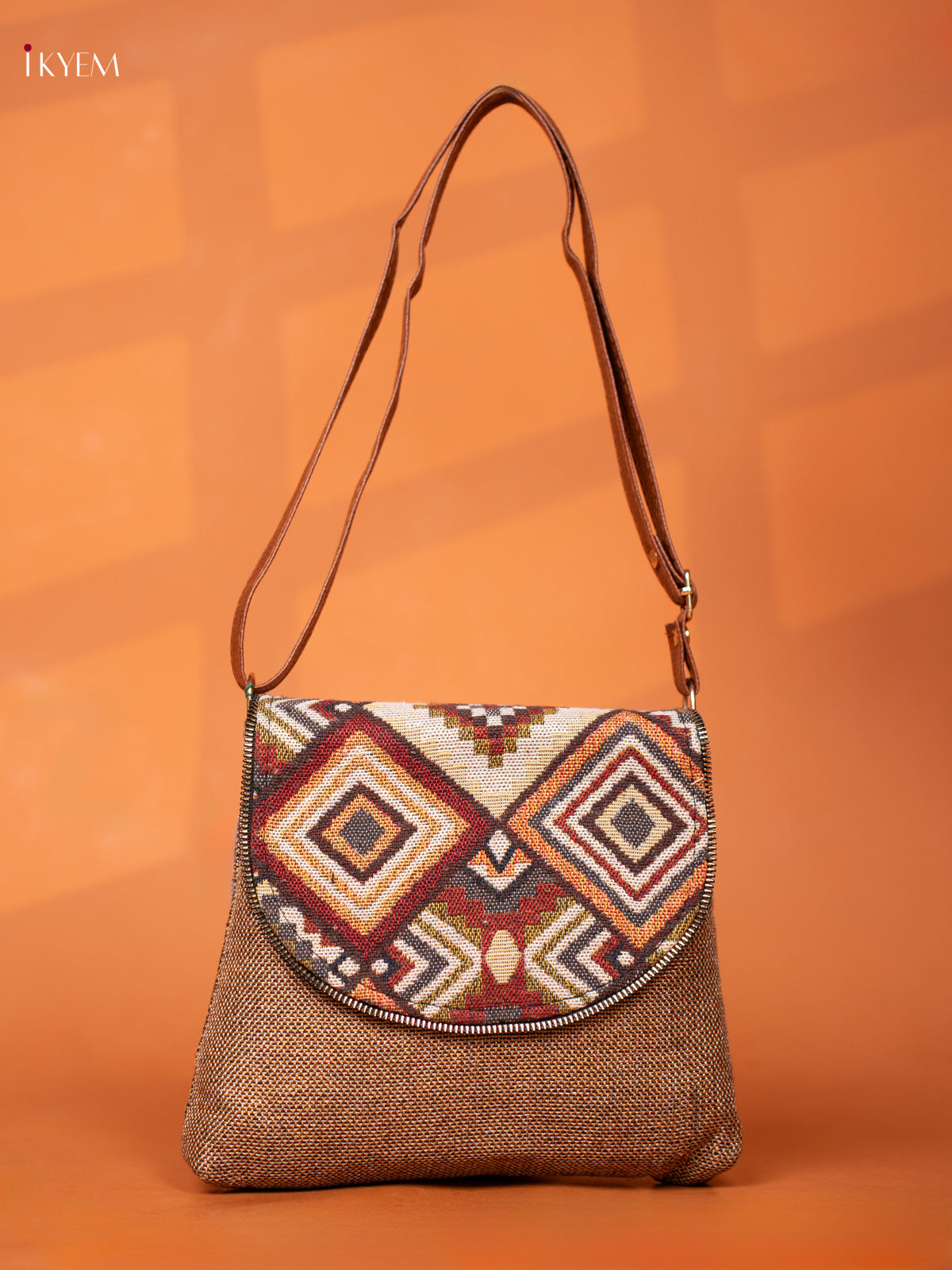 jacquard Leather Sling bag with Printed Flap - Sandal - KD26923