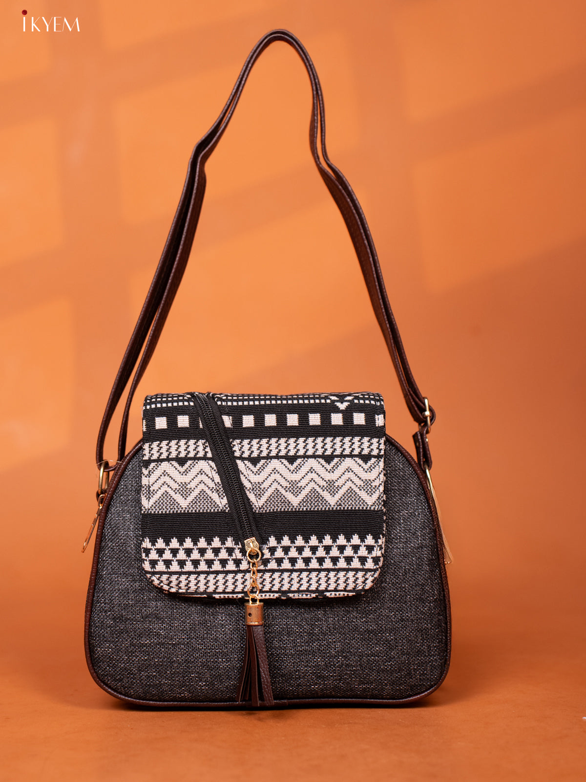 Jacquard Woven Leather Sling Bag - Black - KD26949
