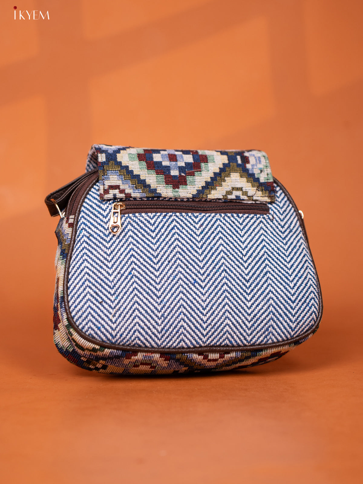 Jacquard Woven Leather Sling Bag with 4 Compartments - Blue - KD26952