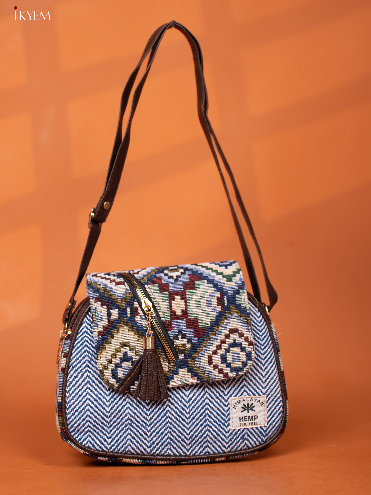 Jacquard Woven Leather Sling Bag with 4 Compartments - Blue - KD26952