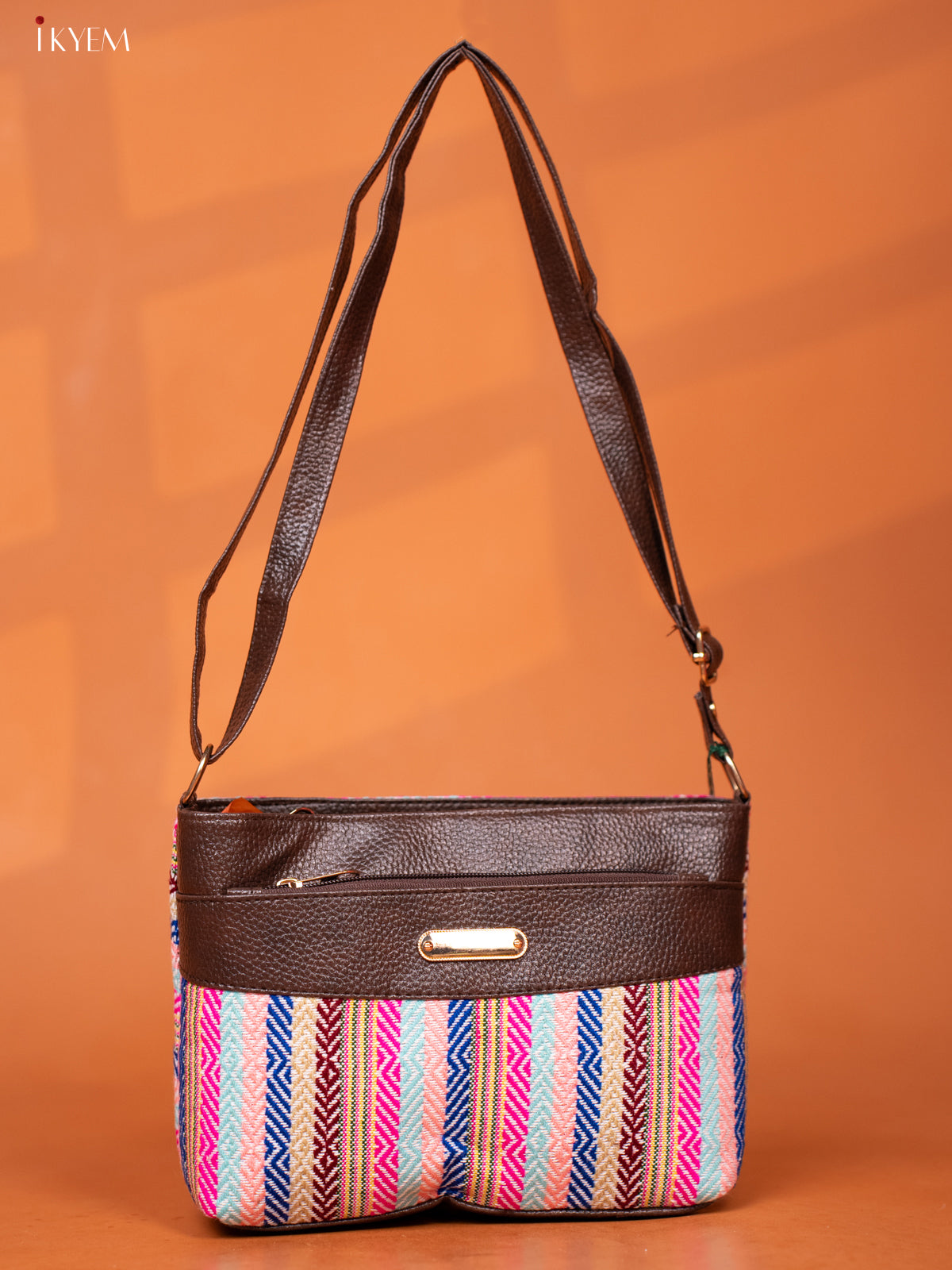Jacquard Sling Bag with 3 Compartments -Multicolour - KD26963