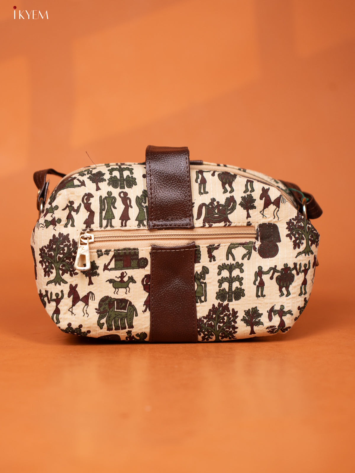 Warli Cotton Leather Sling Bag -Light Beige - KD26971