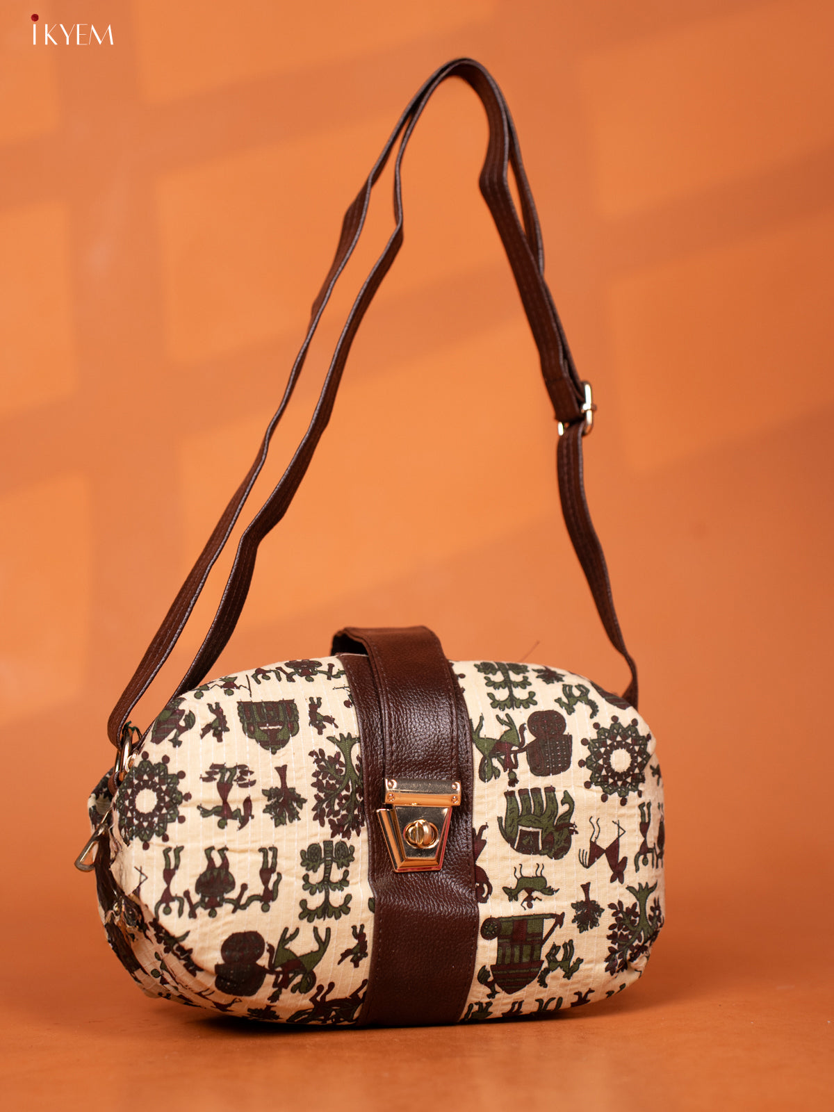 Warli Cotton Leather Sling Bag -Light Beige - KD26971