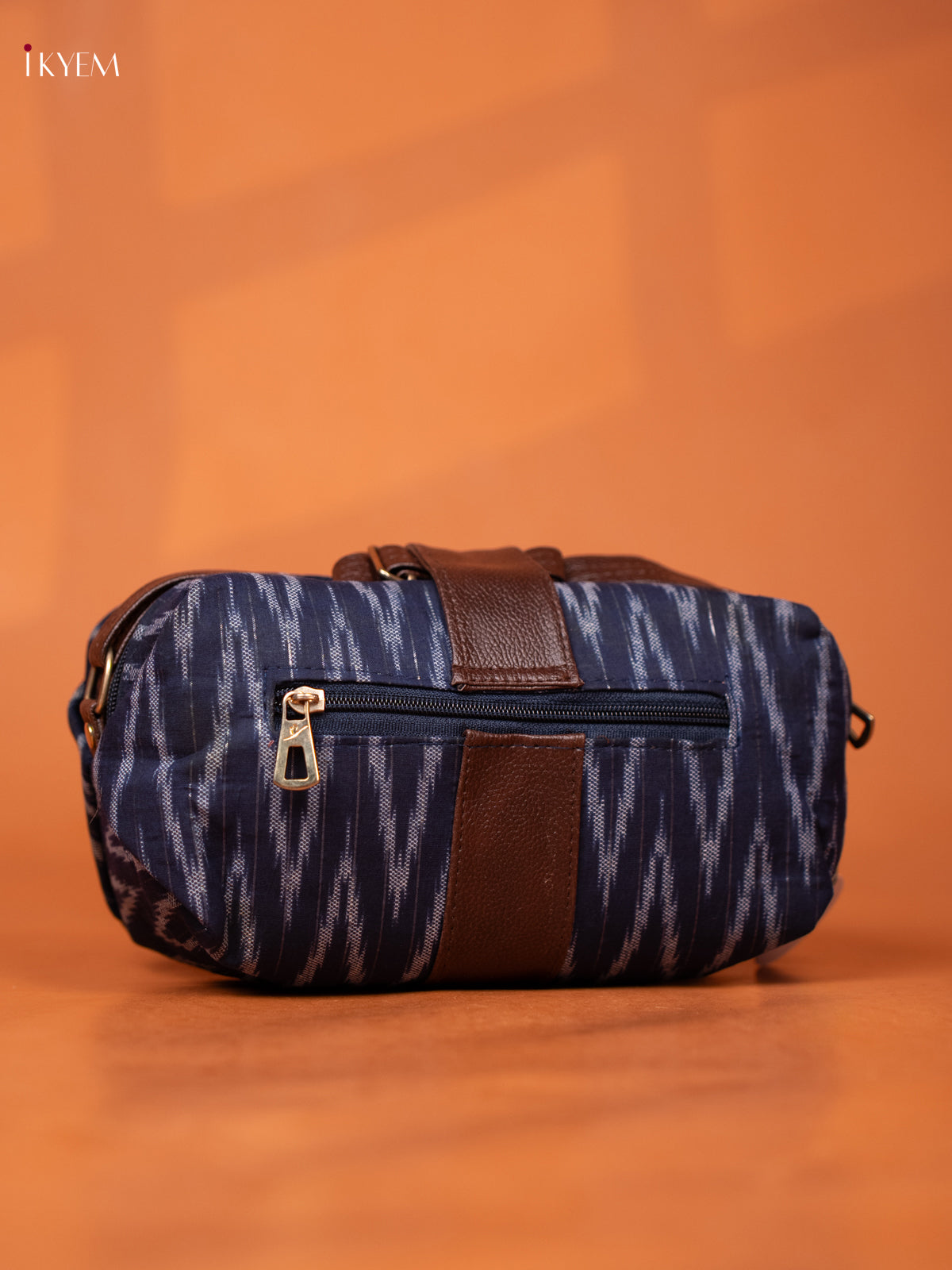 Jacquard Ikat Leather Sling Bag with 3 Compartments- Navy Blue - KD26975