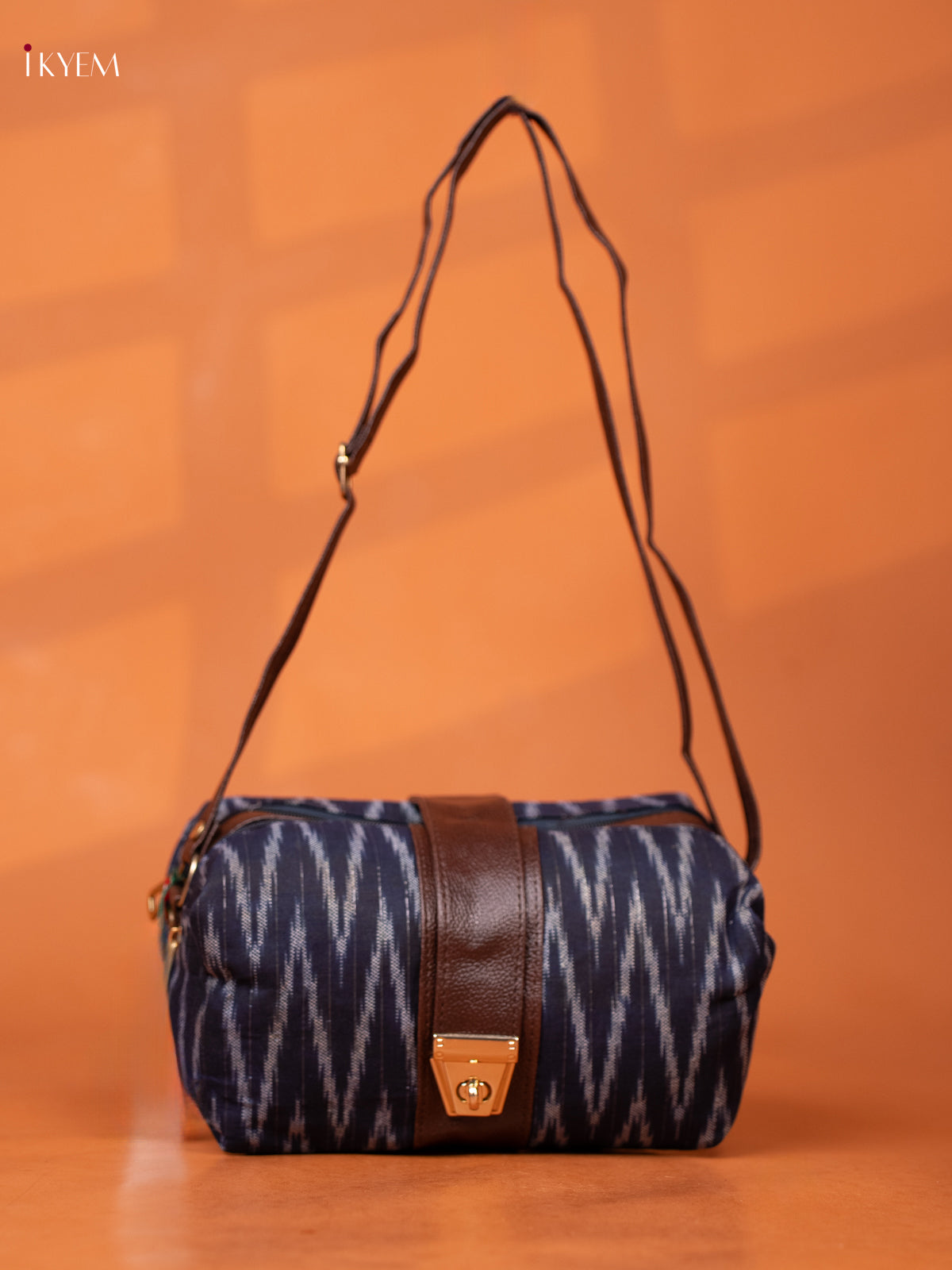 Jacquard Ikat Leather Sling Bag with 3 Compartments- Navy Blue - KD26975
