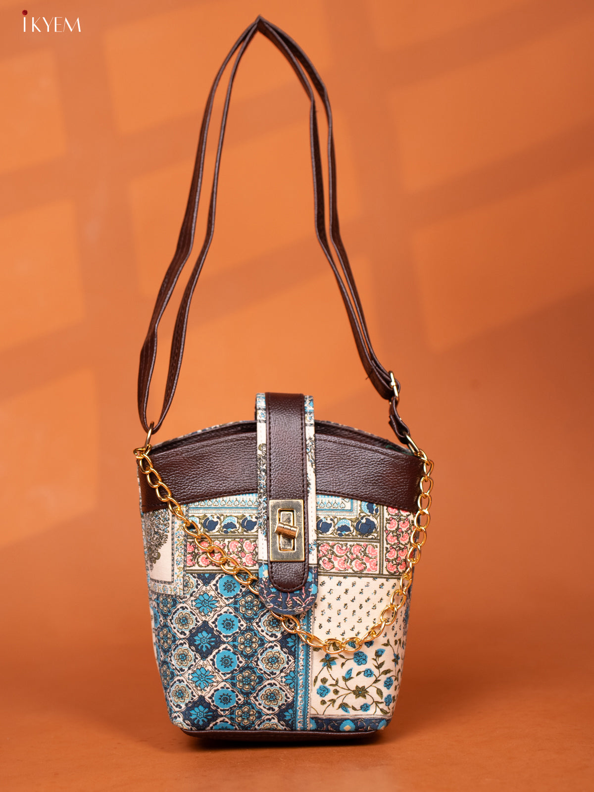 Printed patchwork Cotton Leather Sling Bag -Sky Blue - KD26976