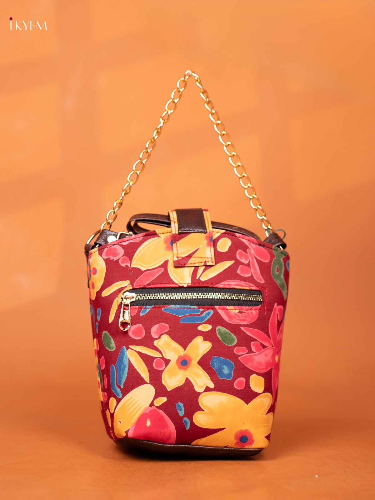 Printed Floral Cotton Leather Sling -Maroon - KD26978
