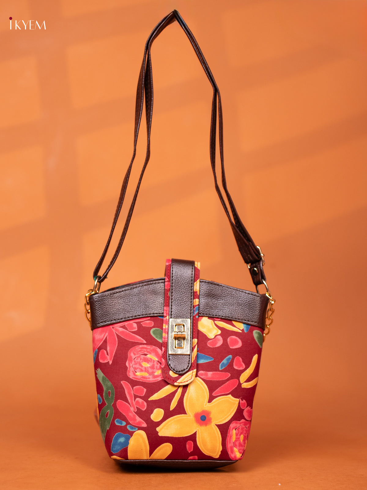 Printed Floral Cotton Leather Sling -Maroon - KD26978