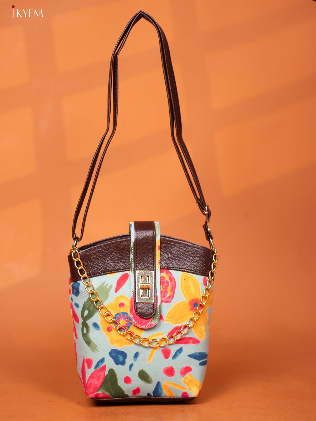 Printed Floral Cotton Leather Sling -Ice Blue - KD26979