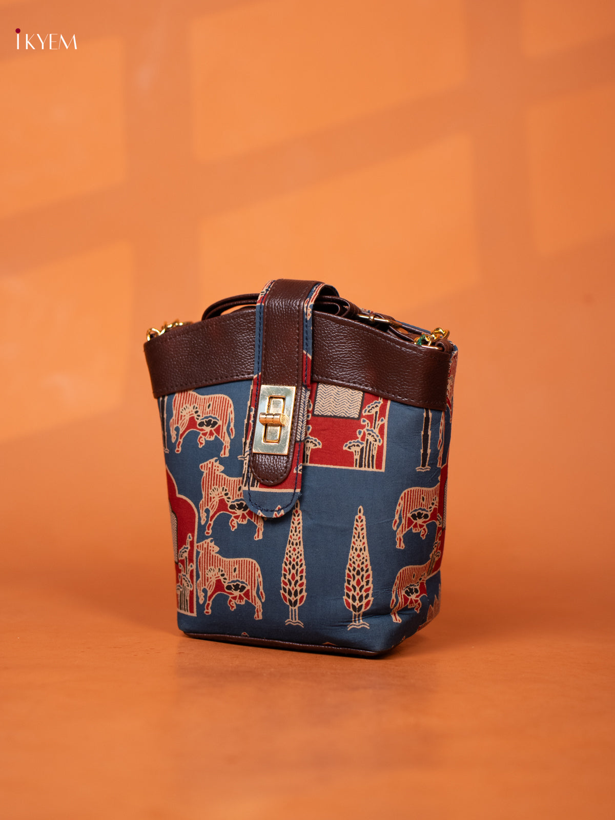 Printed Cotton Leather Sling Bag - Blue - KD26980