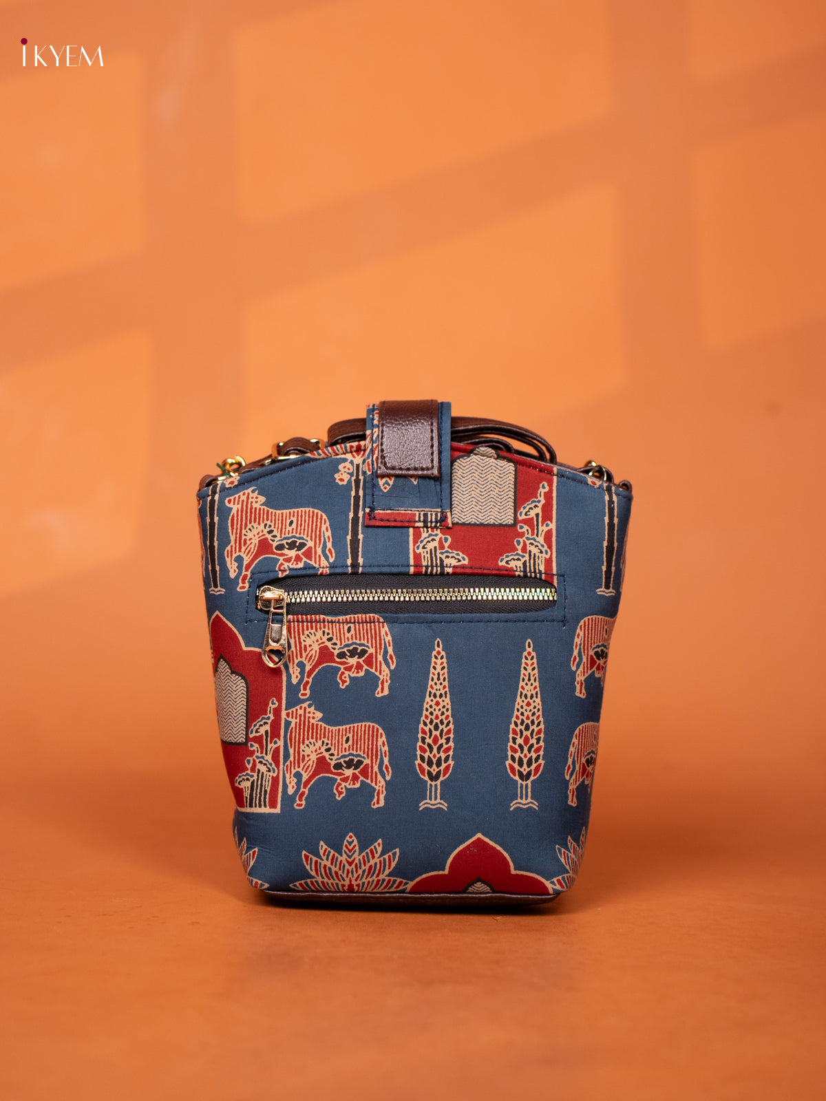 Printed Cotton Leather Sling Bag - Blue - KD26980