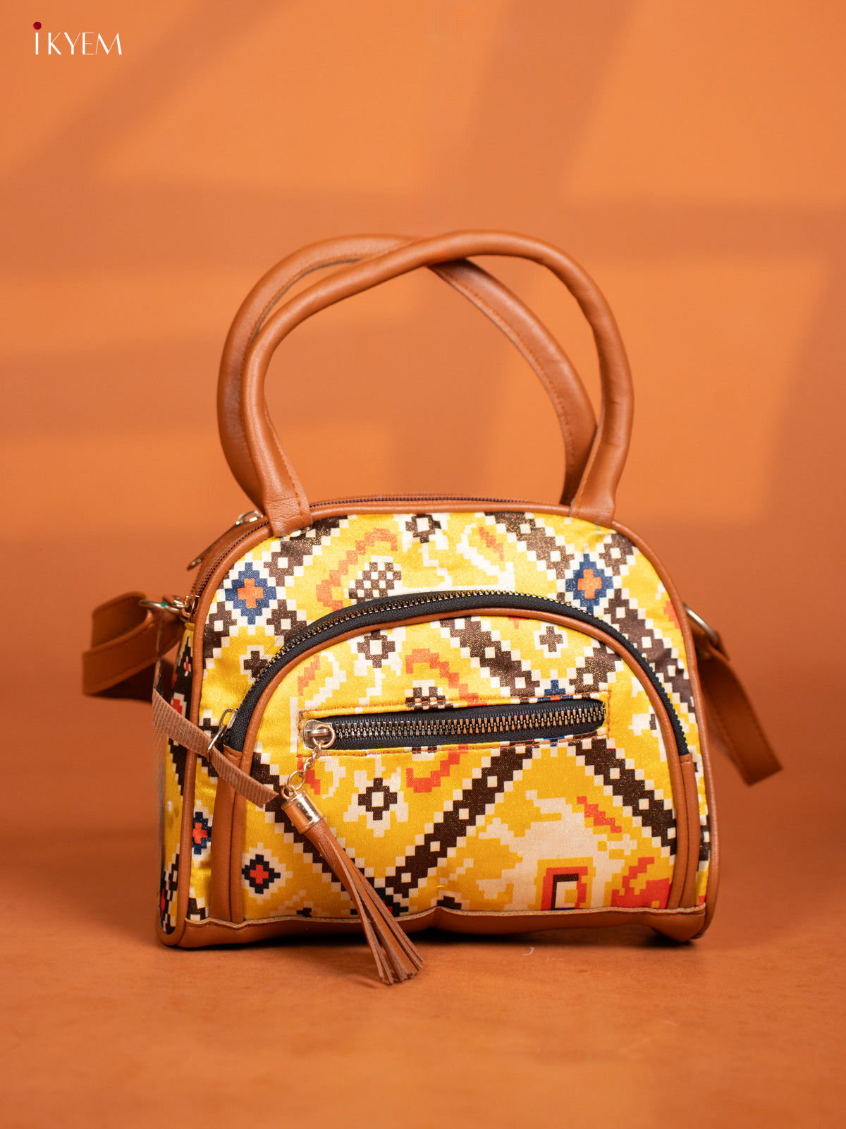 Patola Design Leather Sling Handy handbag with 4 Compartments -Yellow