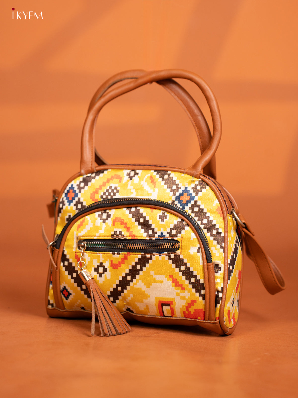 Patola Design Leather Sling Handy handbag with 4 Compartments -Yellow
