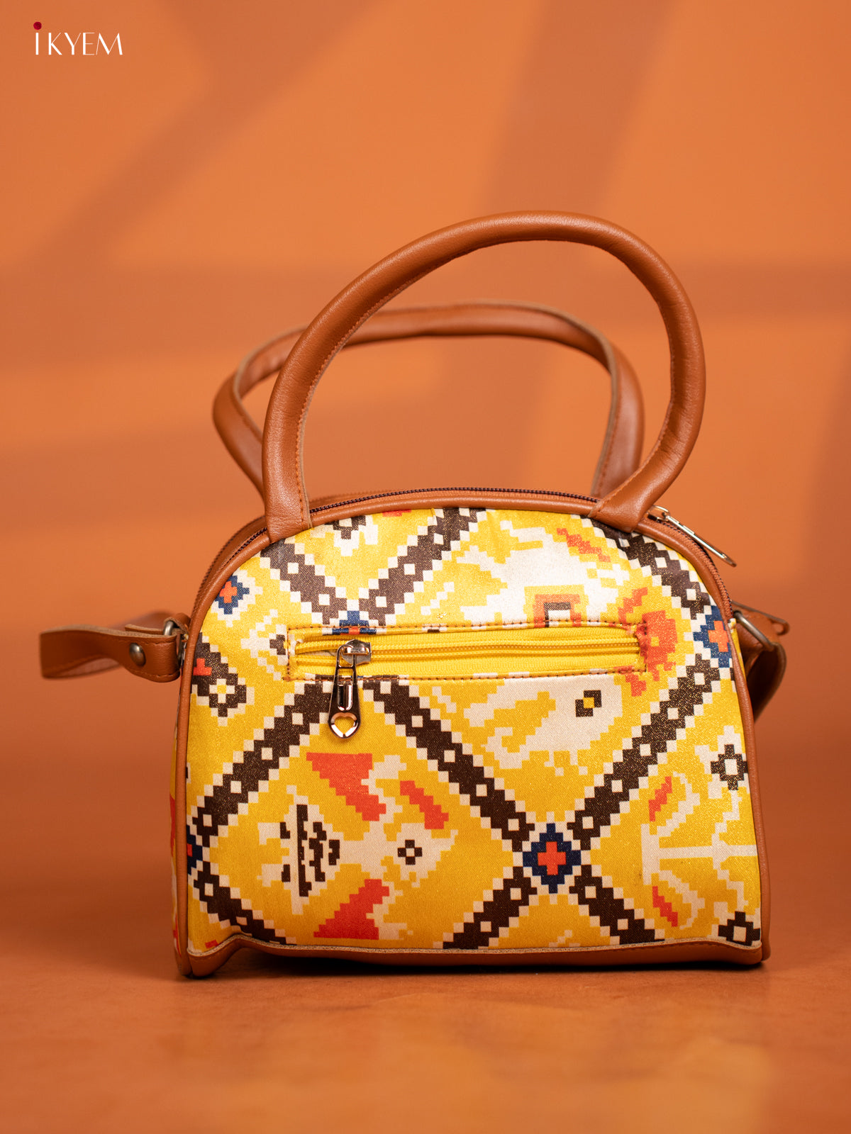 Patola Design Leather Sling Handy handbag with 4 Compartments -Yellow