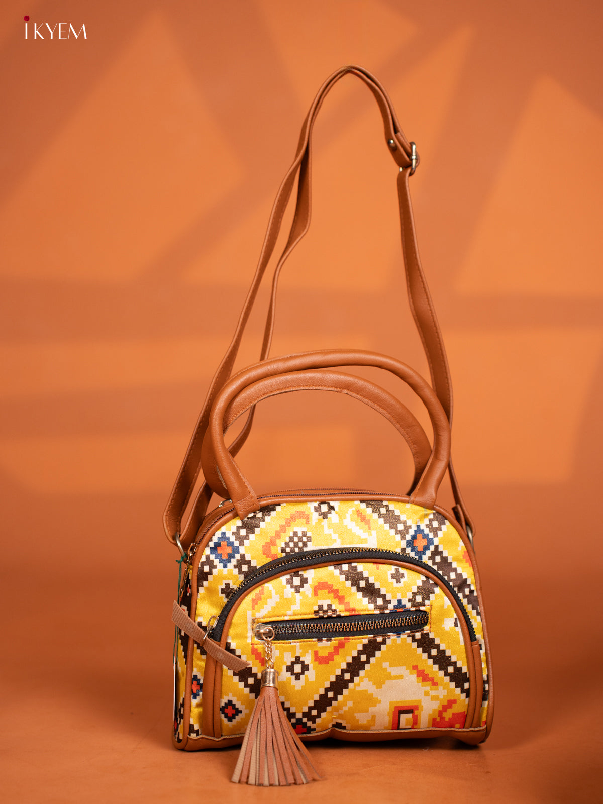 Patola Design Leather Sling Handy handbag with 4 Compartments -Yellow