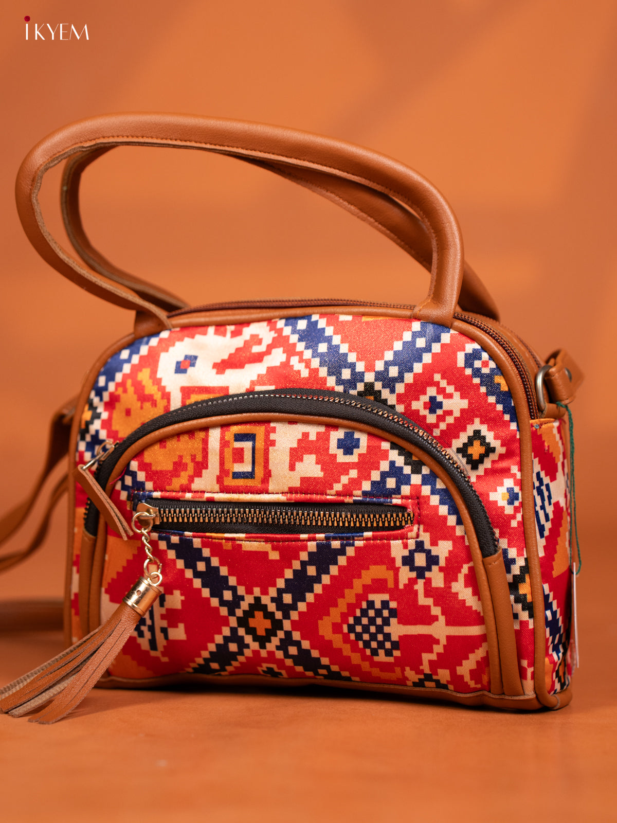 Patola Design Leather Sling Handy handbag with 4 Compartments - Red - KD26986