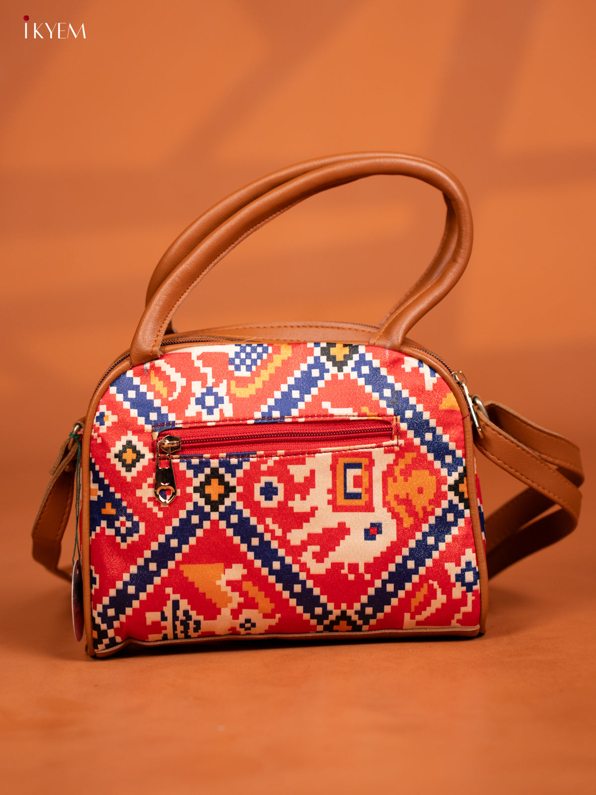 Patola Design Leather Sling Handy handbag with 4 Compartments - Red - KD26986