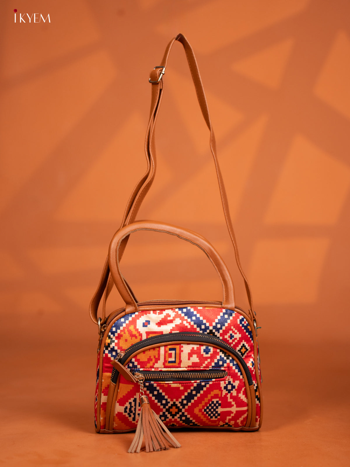 Patola Design Leather Sling Handy handbag with 4 Compartments - Red - KD26986