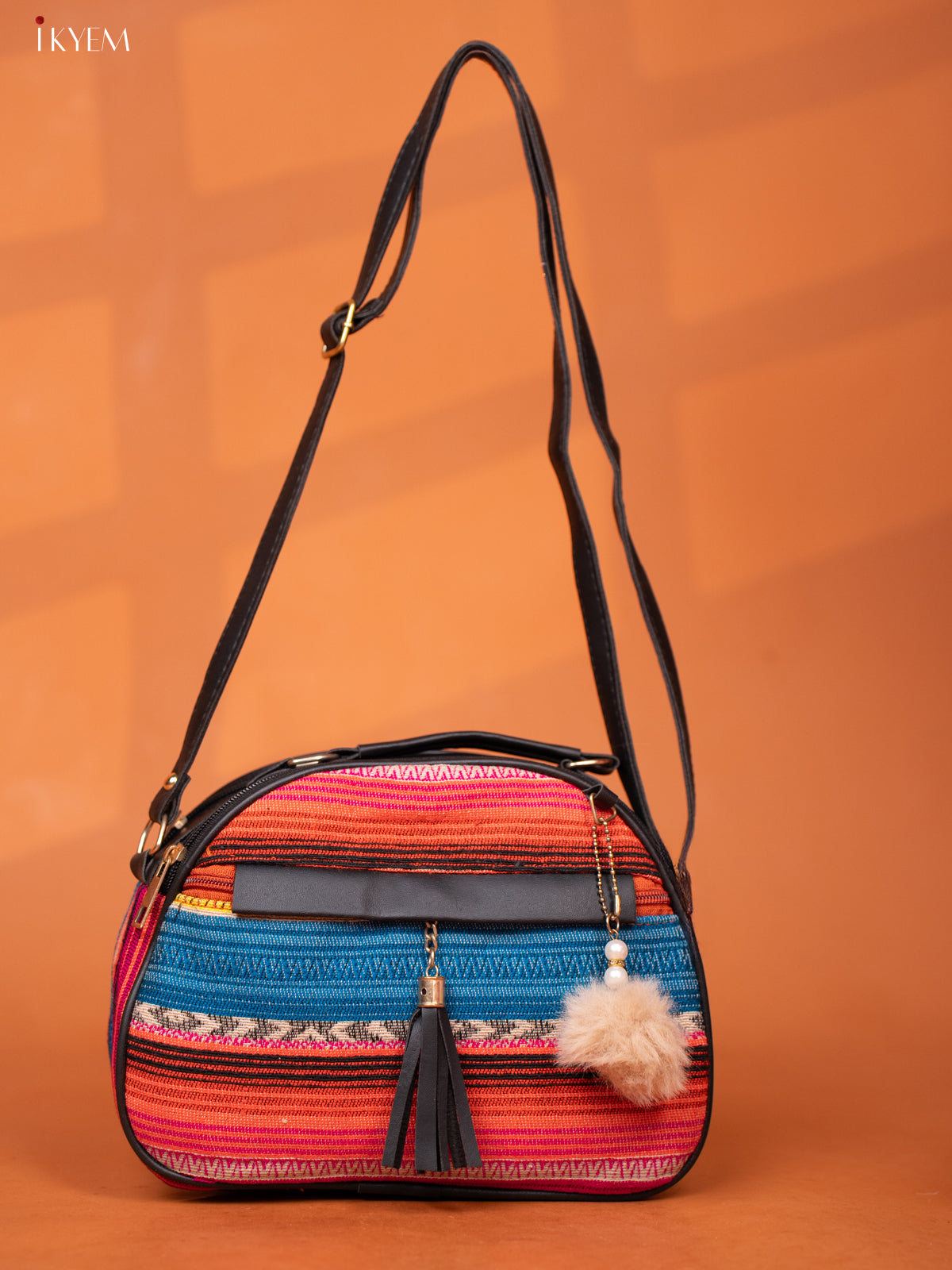 Jacquard Leather Sling Bag with 4 Compartments - Multicolour - KD26990