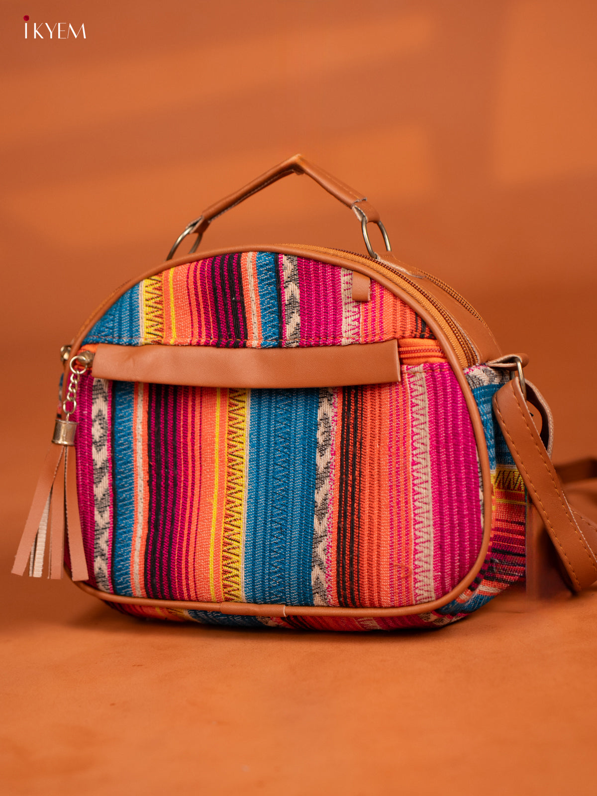 Jacquard Leather Sling Bag with 4 Compartments - Multicolour - KD26991