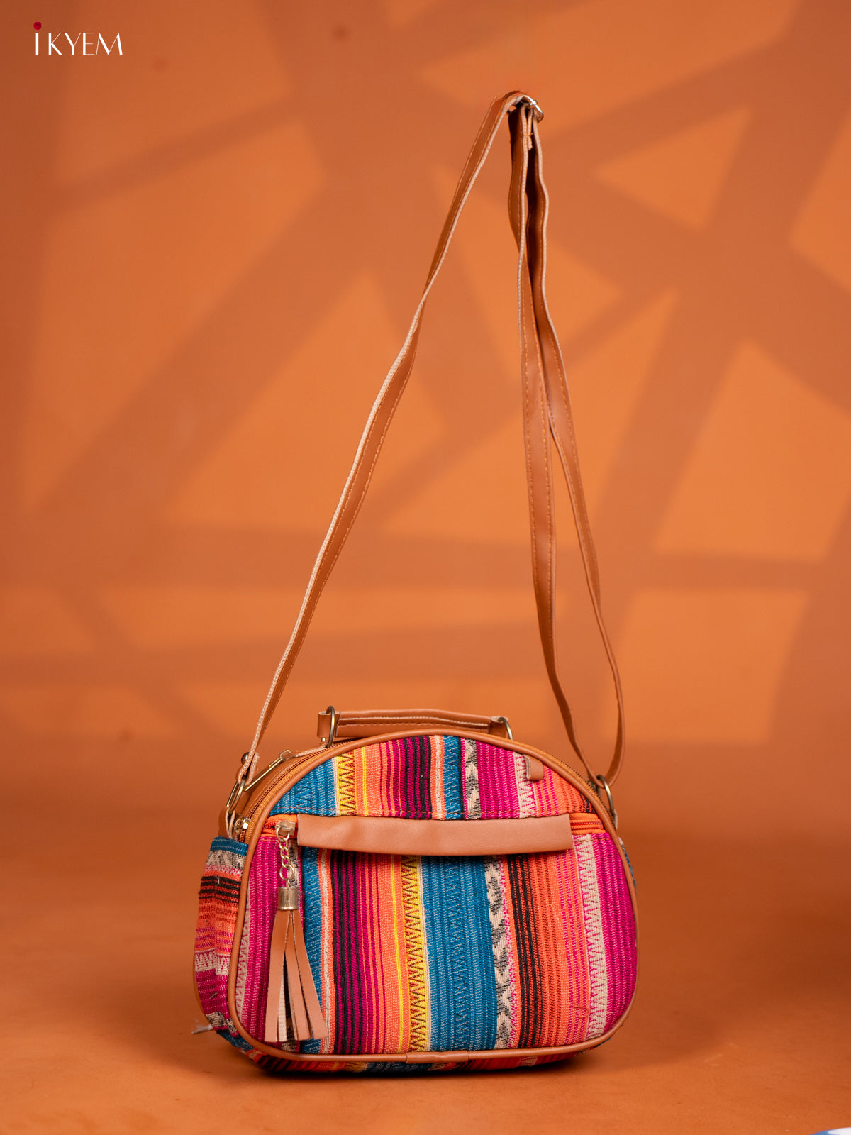 Jacquard Leather Sling Bag with 4 Compartments - Multicolour - KD26991