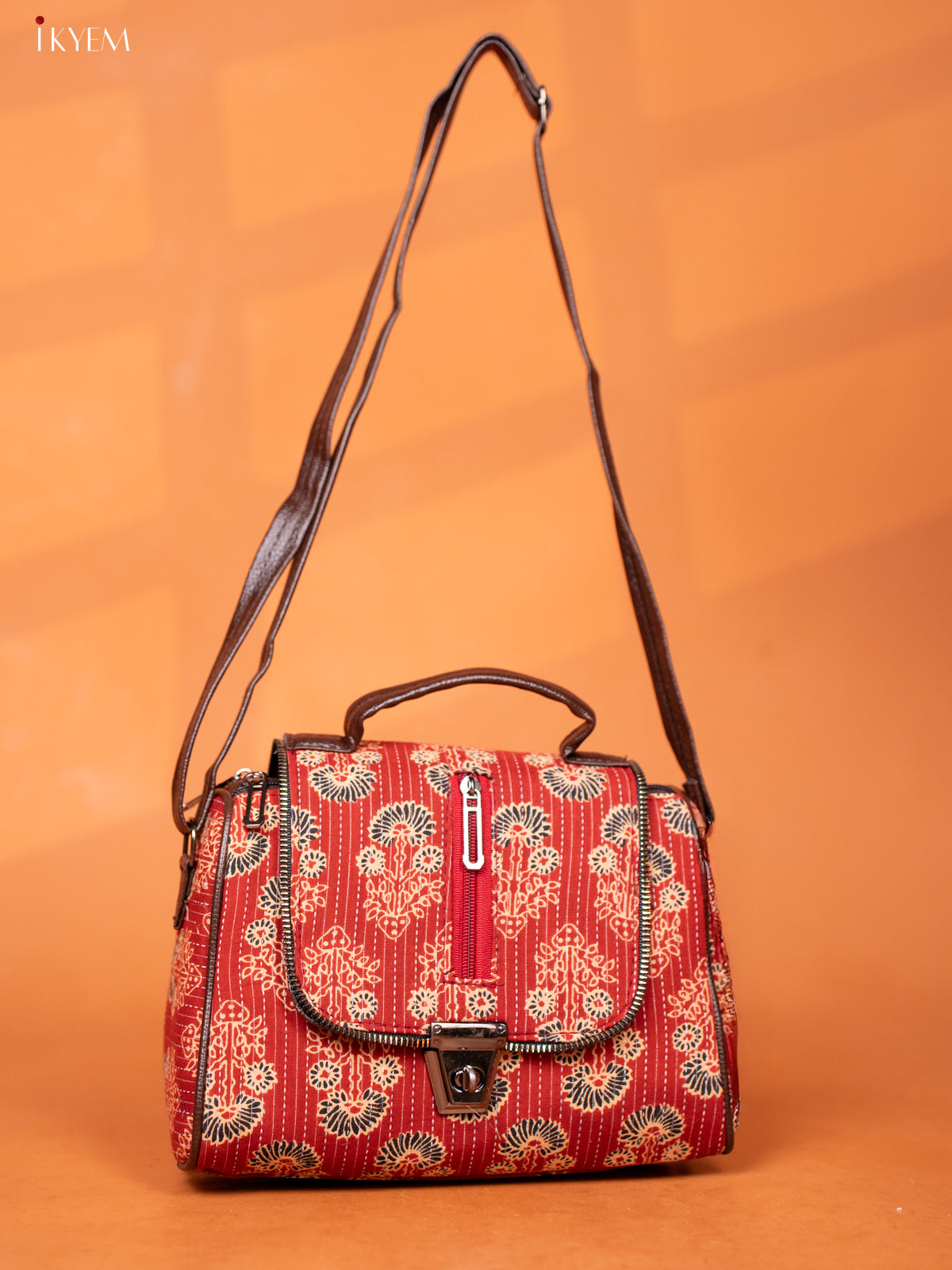 Printed Leather Sling Bag- Maroon - KD26992
