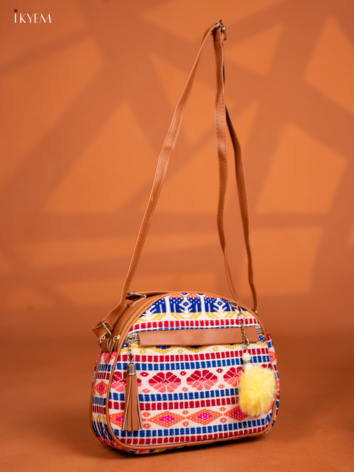 Jacquard Leather Sling Bag with 4 Compartments - Multicolour -Multicolour
