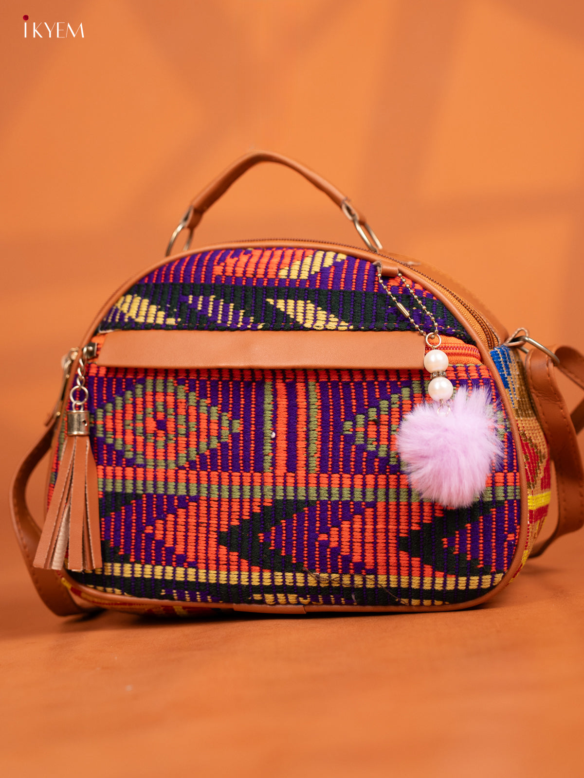 Jacquard Leather Sling Bag with 4 Compartments - Multicolour - KD26999