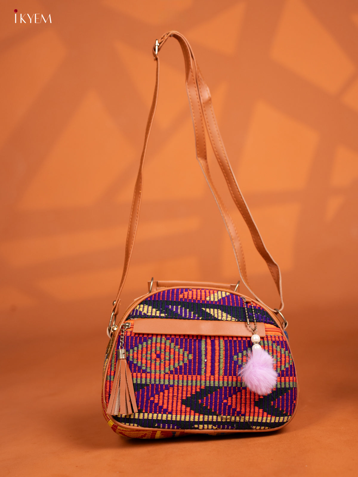 Jacquard Leather Sling Bag with 4 Compartments - Multicolour - KD26999