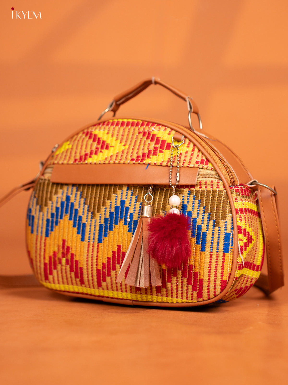 Jacquard Leather Sling Bag with 4 Compartments - Multicolour - KD27001