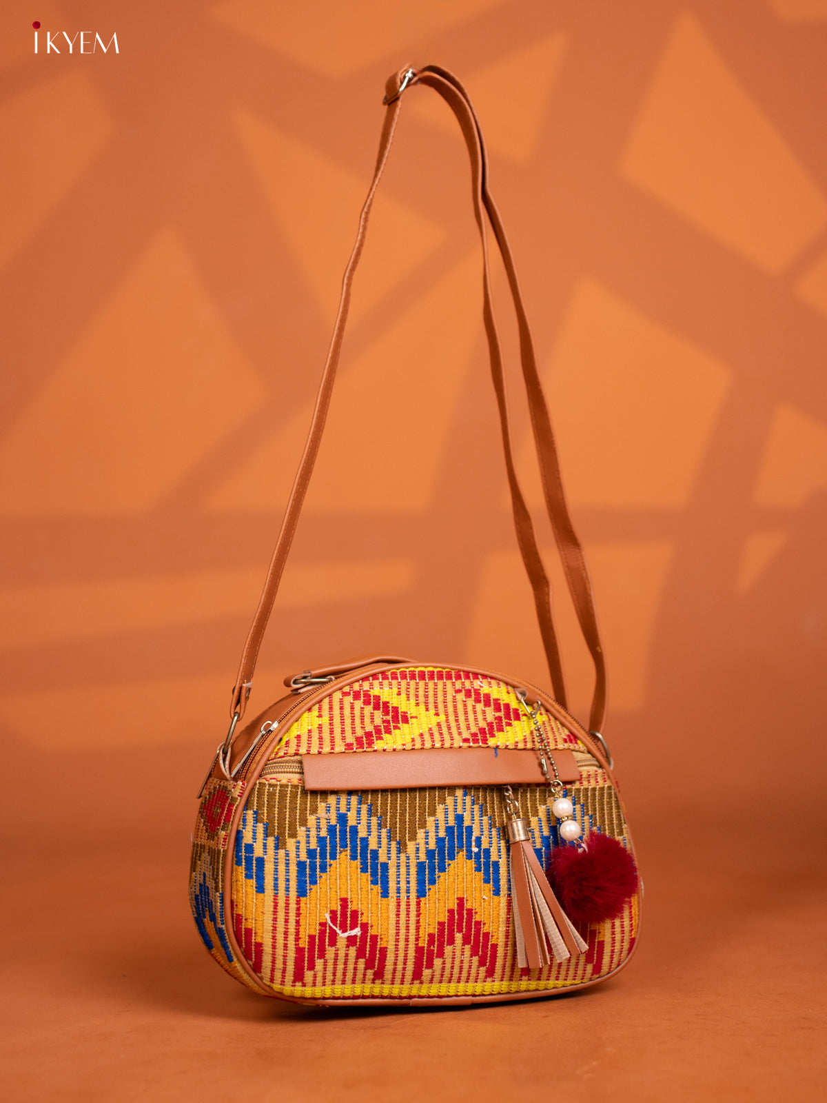 Jacquard Leather Sling Bag with 4 Compartments - Multicolour - KD27001
