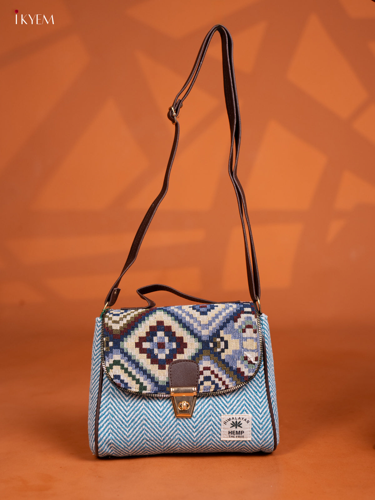 Jacquard Sling bag with Printed Gusset & Flap - Sky Blue - KD27005