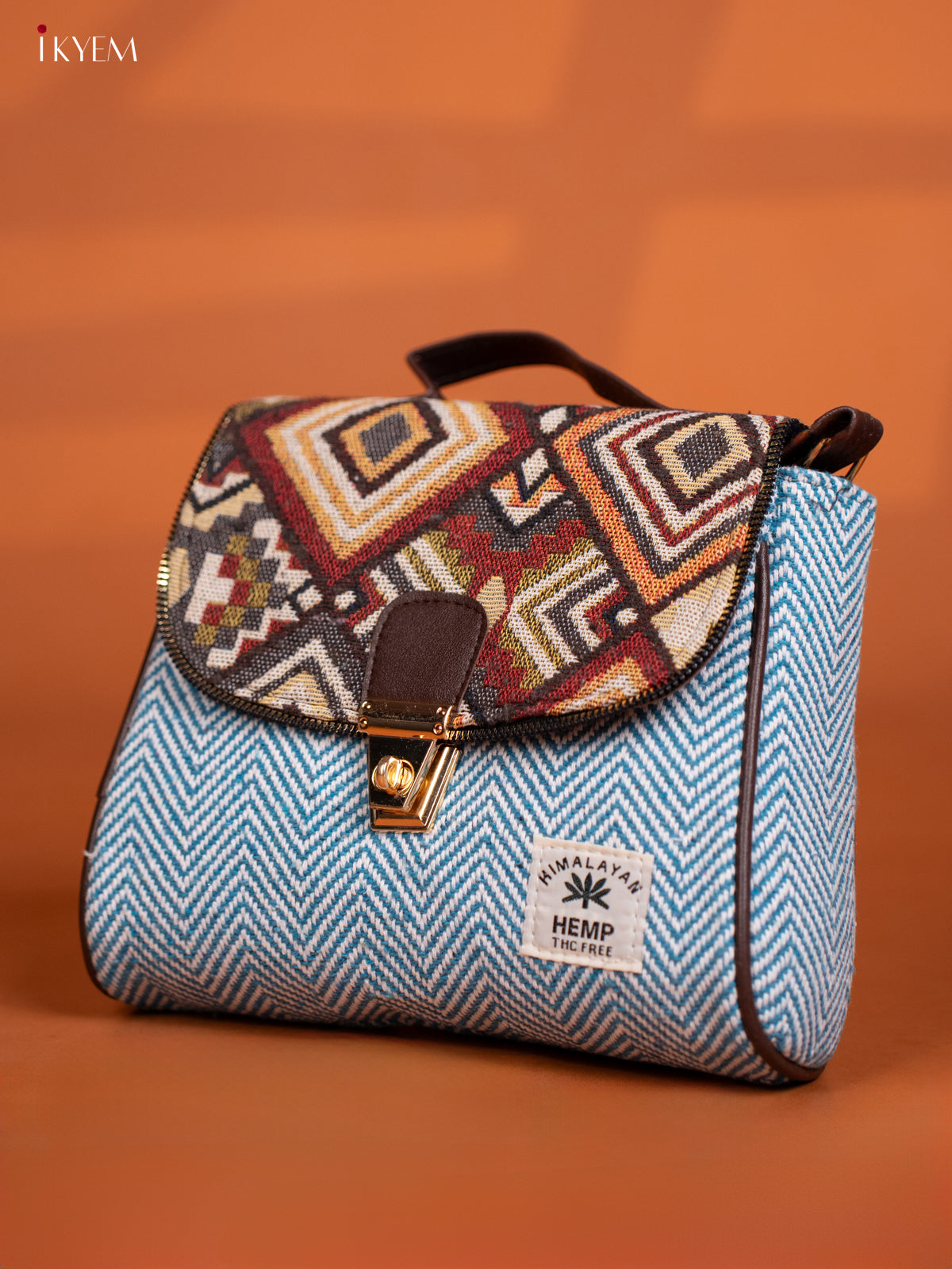 Jacquard Leather Sling bag with Printed Gusset & Flap- Sky Blue - KD27007