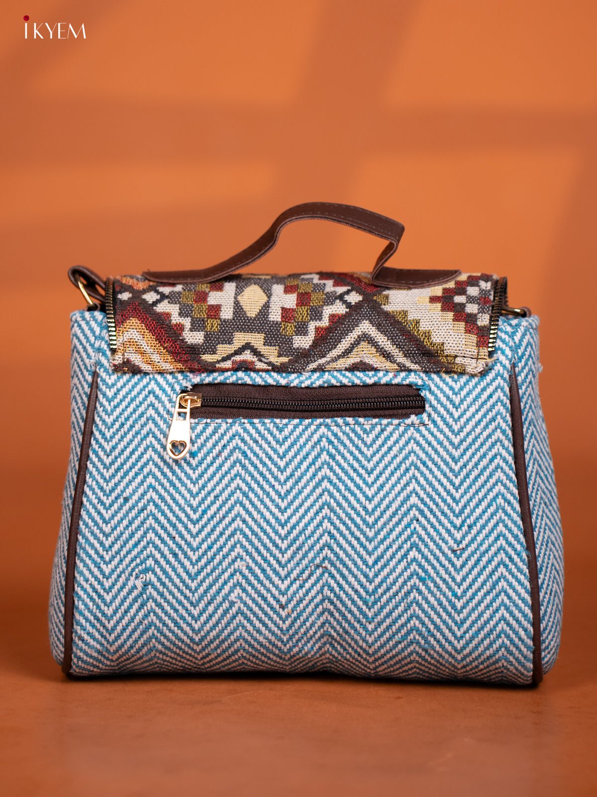 Jacquard Leather Sling bag with Printed Gusset & Flap- Sky Blue - KD27007