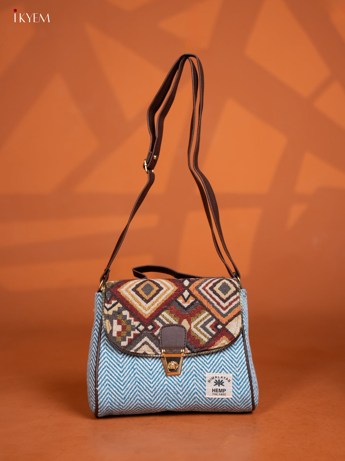 Jacquard Leather Sling bag with Printed Gusset & Flap- Sky Blue - KD27007