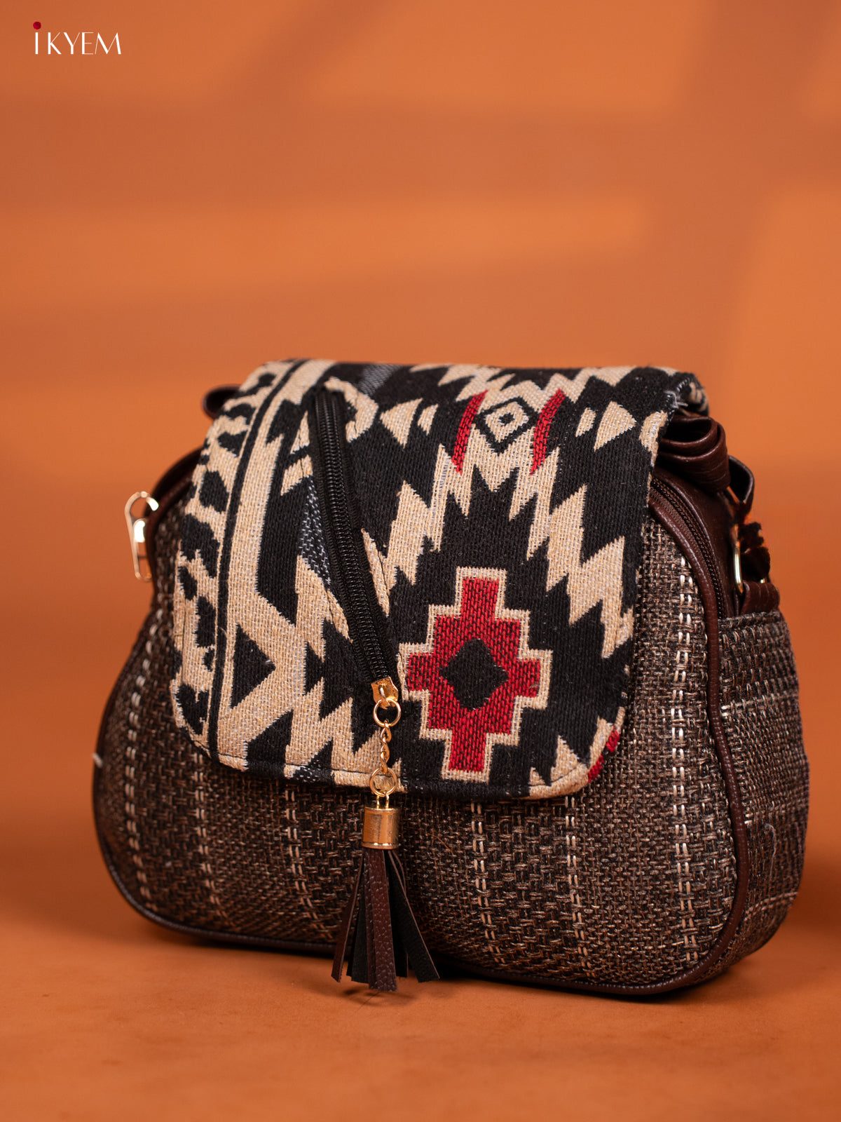 Jacquard Woven Leather Sling Bag - Brown - KD27011