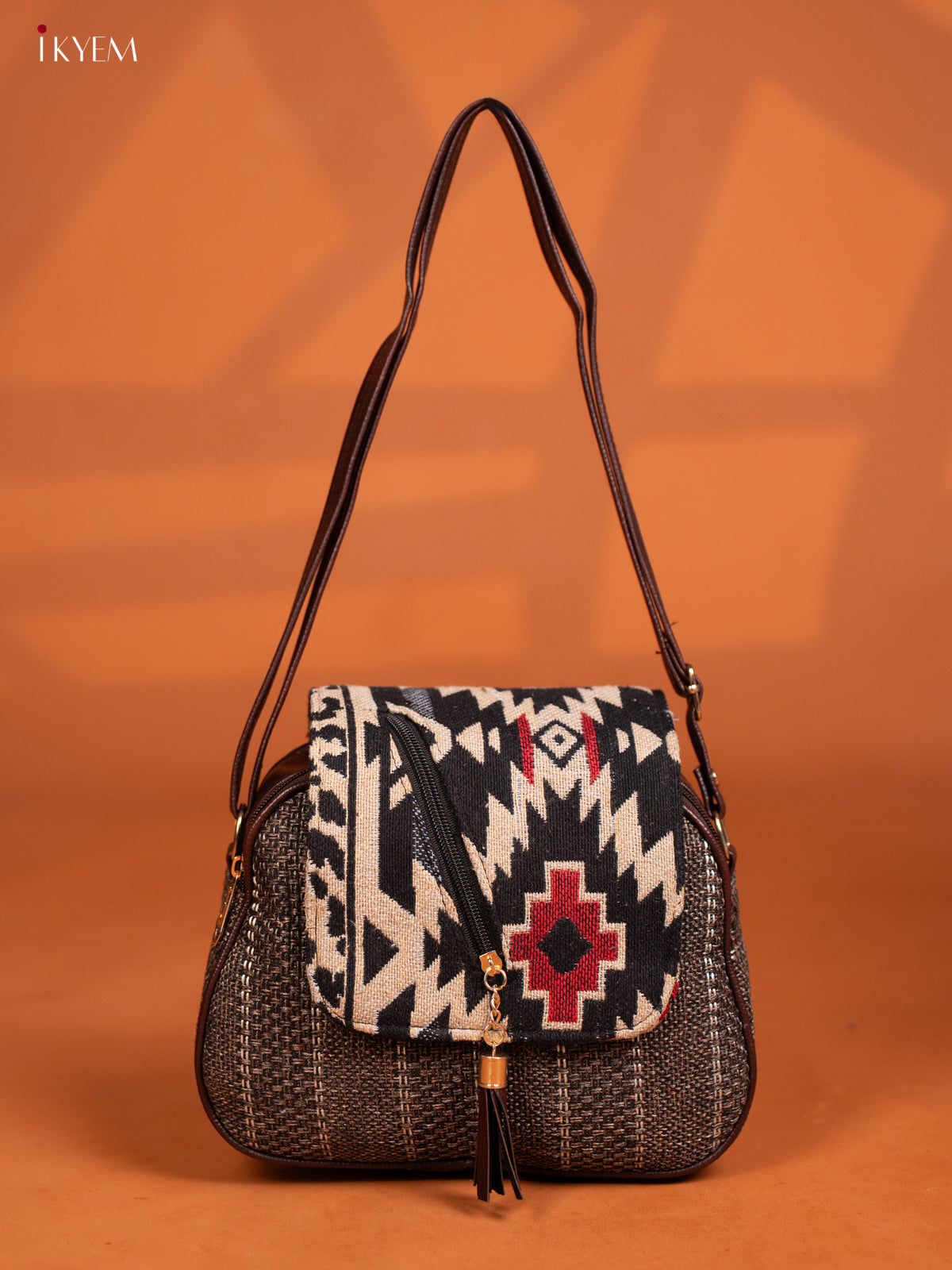 Jacquard Woven Leather Sling Bag - Brown - KD27011