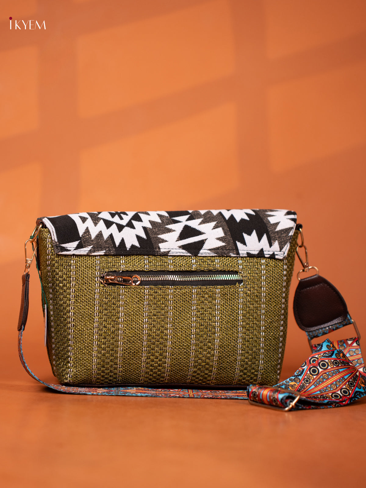 Jacquard Ikat printed Sling Bag - Green - KD27016