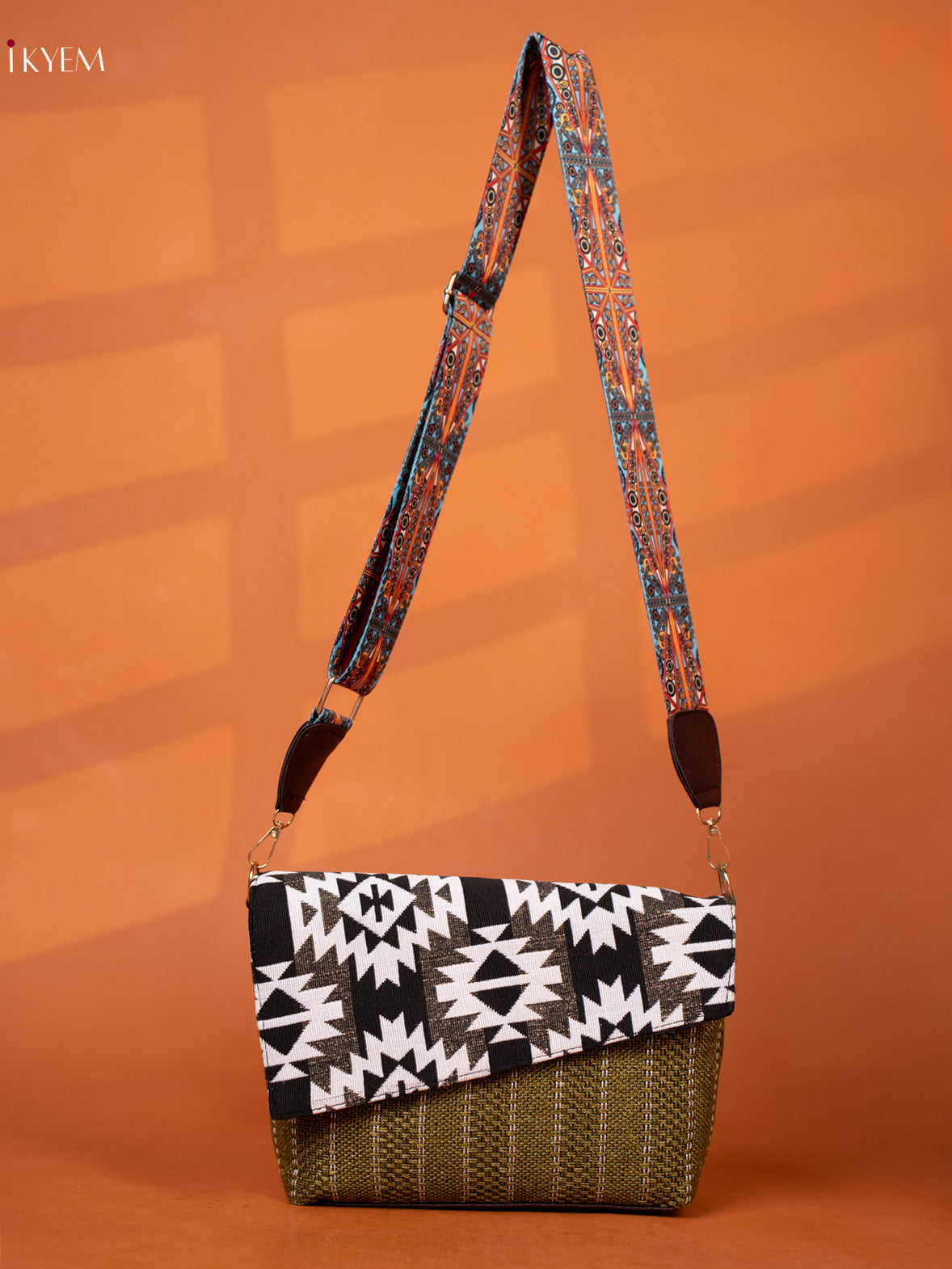 Jacquard Ikat printed Sling Bag - Green - KD27016