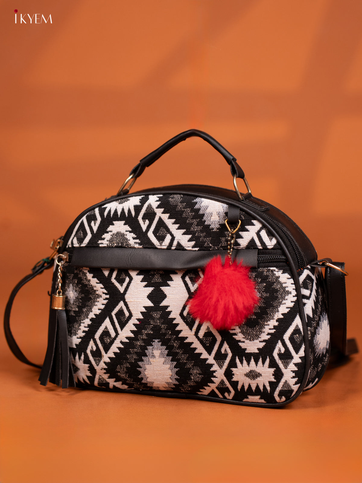 Jacquard Ikat Leather Sling Bag with 4 Compartments-Black - KD27018