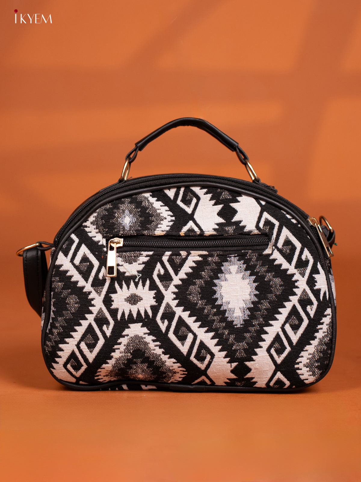 Jacquard Ikat Leather Sling Bag with 4 Compartments-Black - KD27018