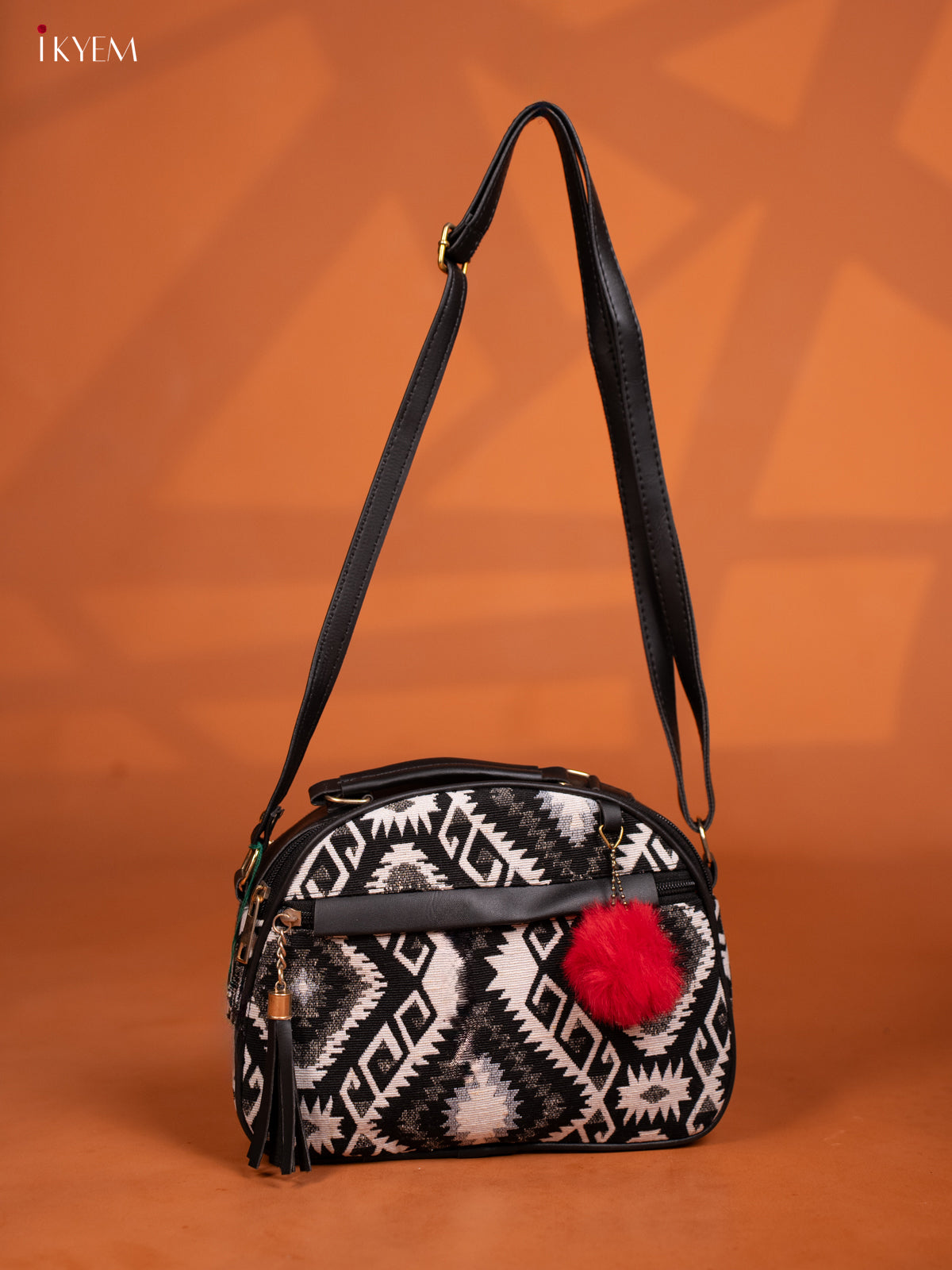 Jacquard Ikat Leather Sling Bag with 4 Compartments-Black - KD27018
