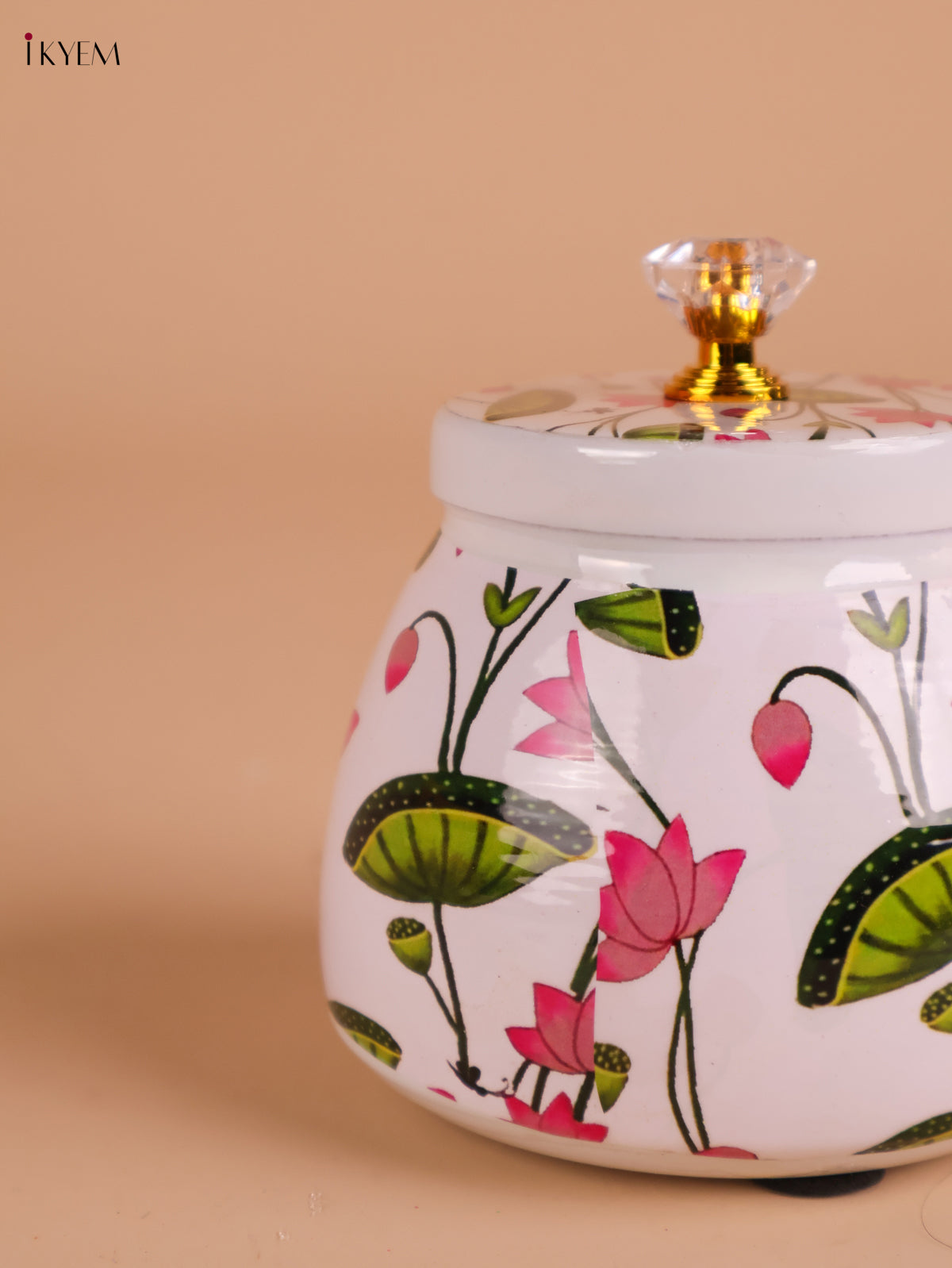 Lotus Printed Nuts Jar-White 4 inch-KEI22001