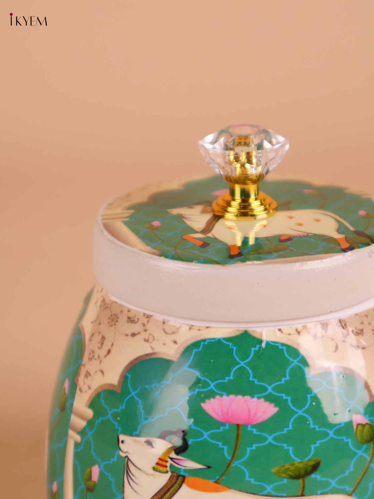 Pichwai Cow Printed Nuts Jar-Light Green -4inch-KEI22005