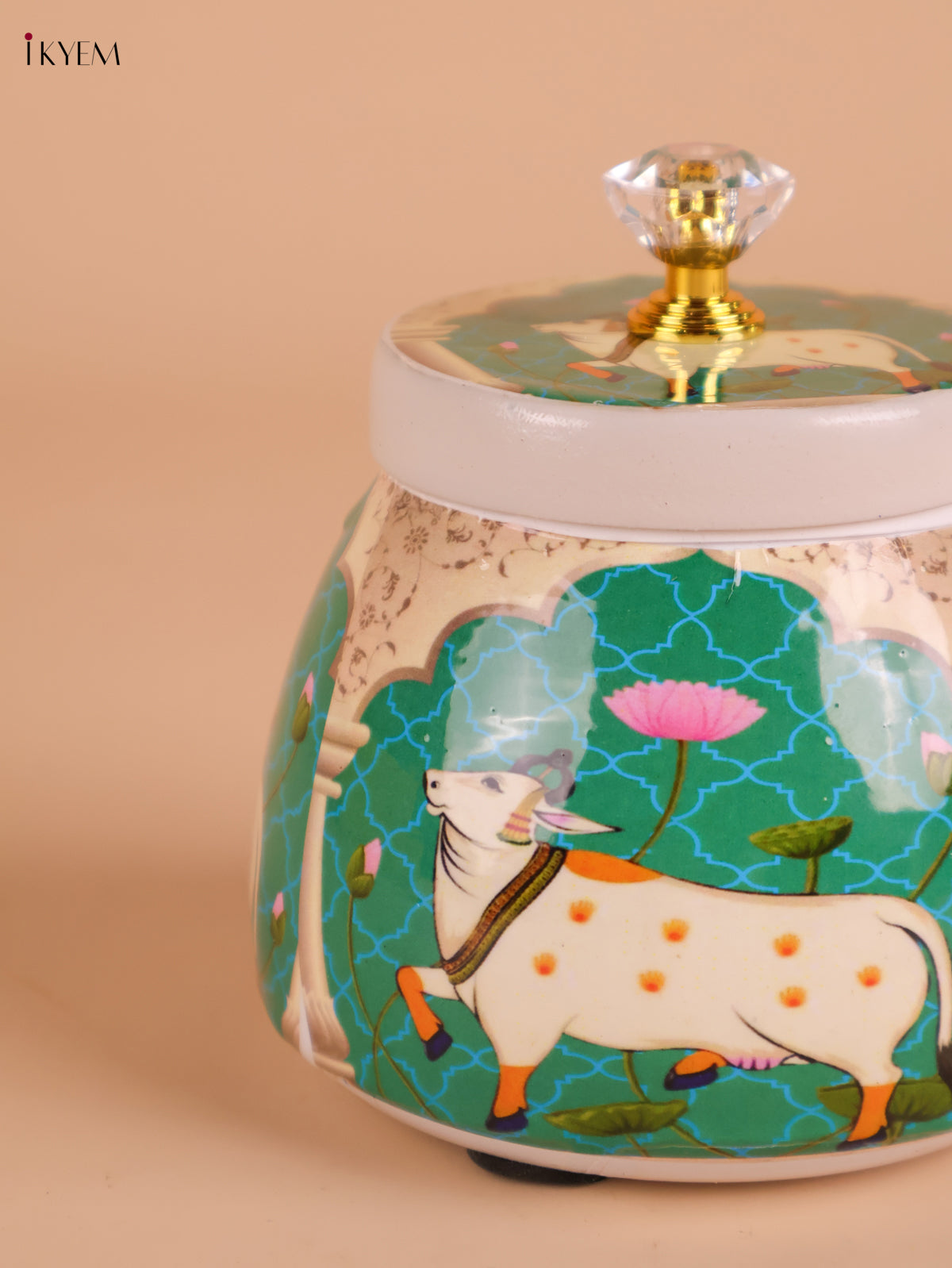 Pichwai Cow Printed Nuts Jar-Light Green -4inch-KEI22005